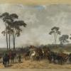 Obraz przedstawia wojskowy oddział  zmierzający szeroką, piaszczystą drogą. W tle nizinny krajobraz  z pojedynczymi, wysokimi drzewami. 