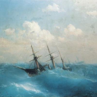 Obraz przedstawiający statki na wzburzonym morzu. 